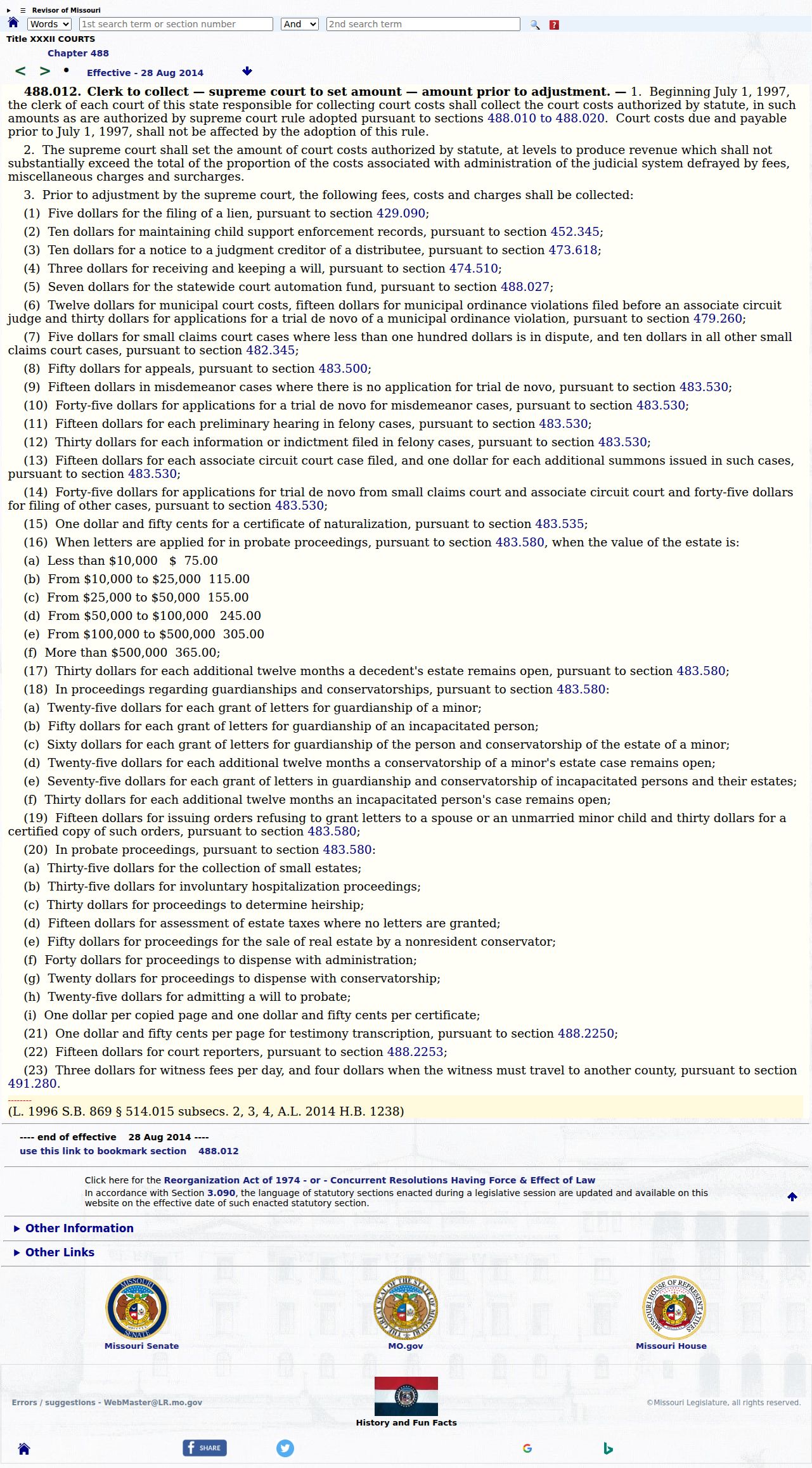 Miller County civil docket filing and court cost statute